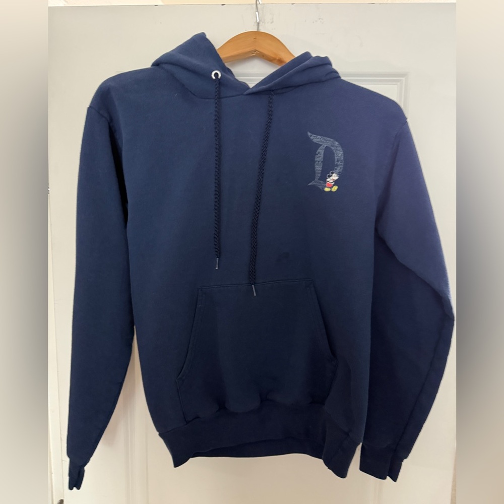 Disneyland Hoodie, S, Navy Blue. Small D on front w/ Mickey Mouse, Big D on back
